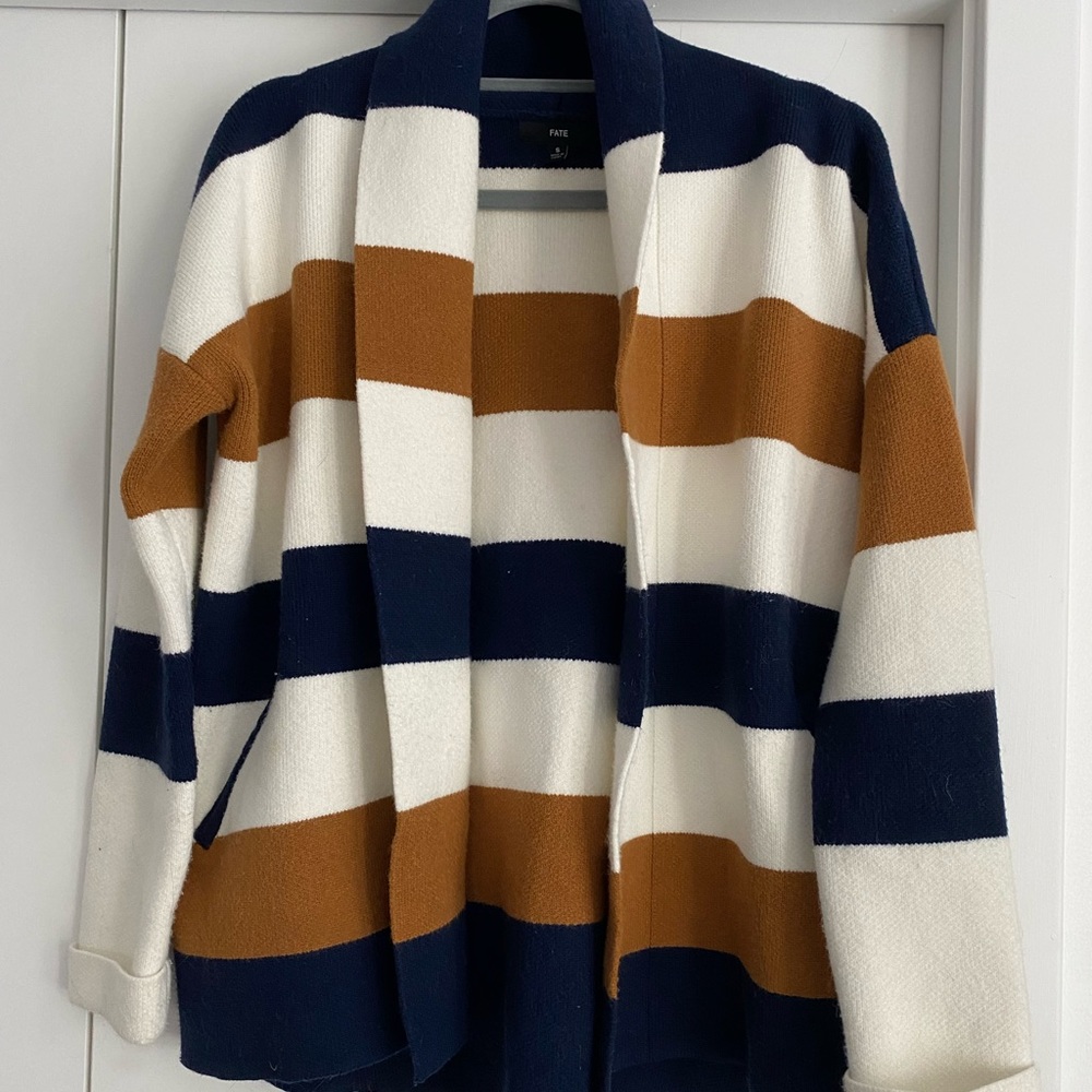 🦊 fate the penelope stripe cardigan -‎ brown blue and white size small 🦊